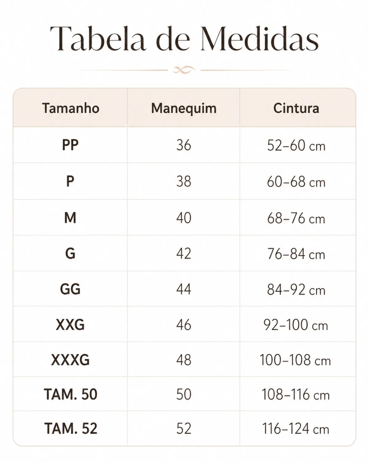 Tabela de medidas da Cinta Modeladora CurvaFit com os tamanhos disponíveis