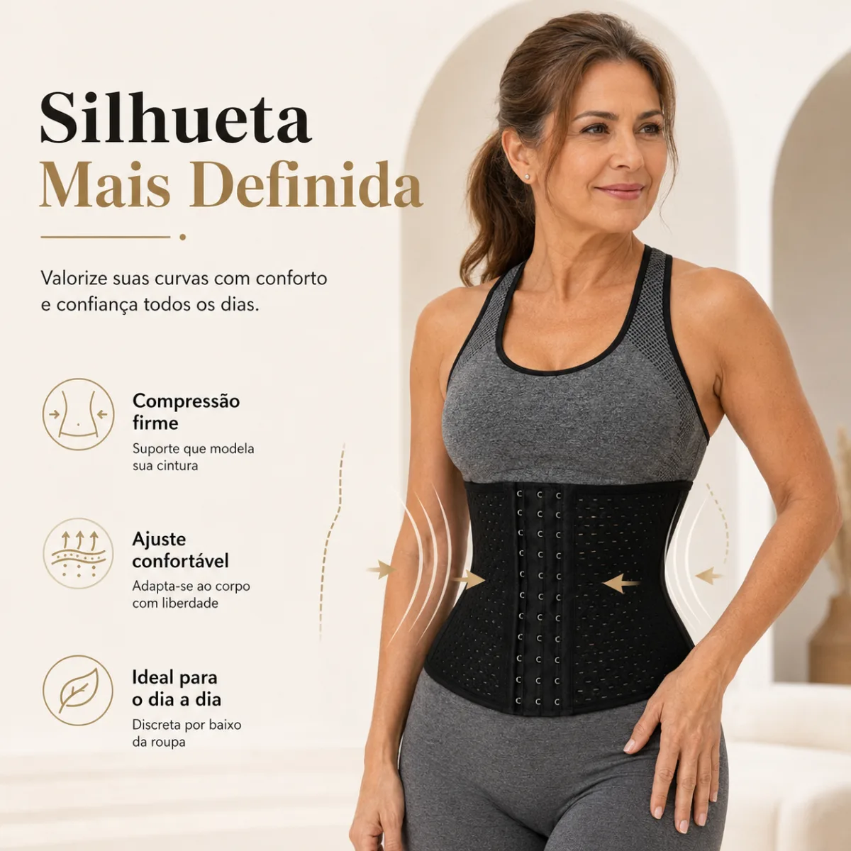 Mulher usando a Cinta Modeladora CurvaFit com silhueta mais definida
